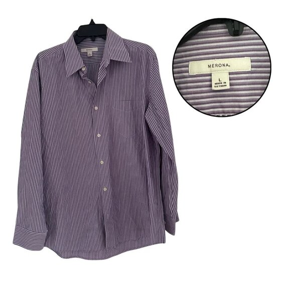 Merona Men's L Purple White Striped Button Up Shirt Long Sleeve Casual Work - Picture 1 of 4